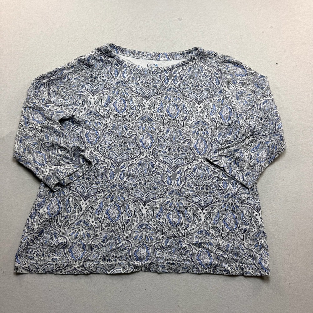 Croft & Barrow Top Women Extra Large Blue Paisley Excellent 3/4 Sleeve Cotton
